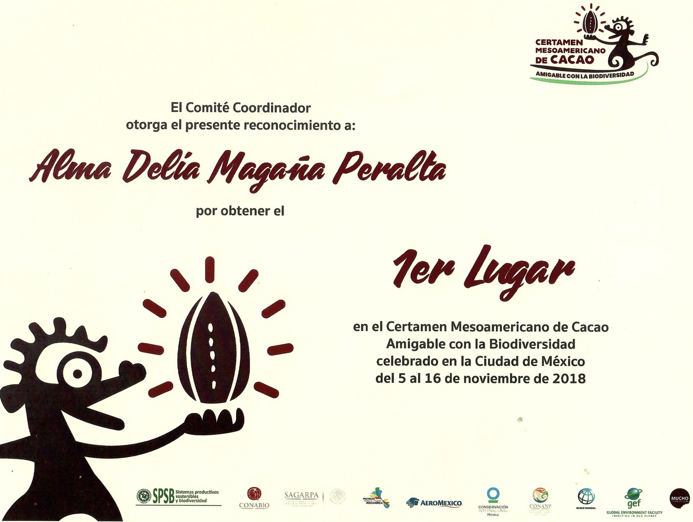 Reconocimiento 1er lugar Certamen Mesoamericano de Cacao, otorgado a Alma Delia Magaña Peralta